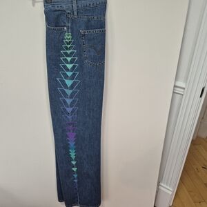 Custom Denim Levi's high rise Blue Jeans with Geometric Design Hand Painted